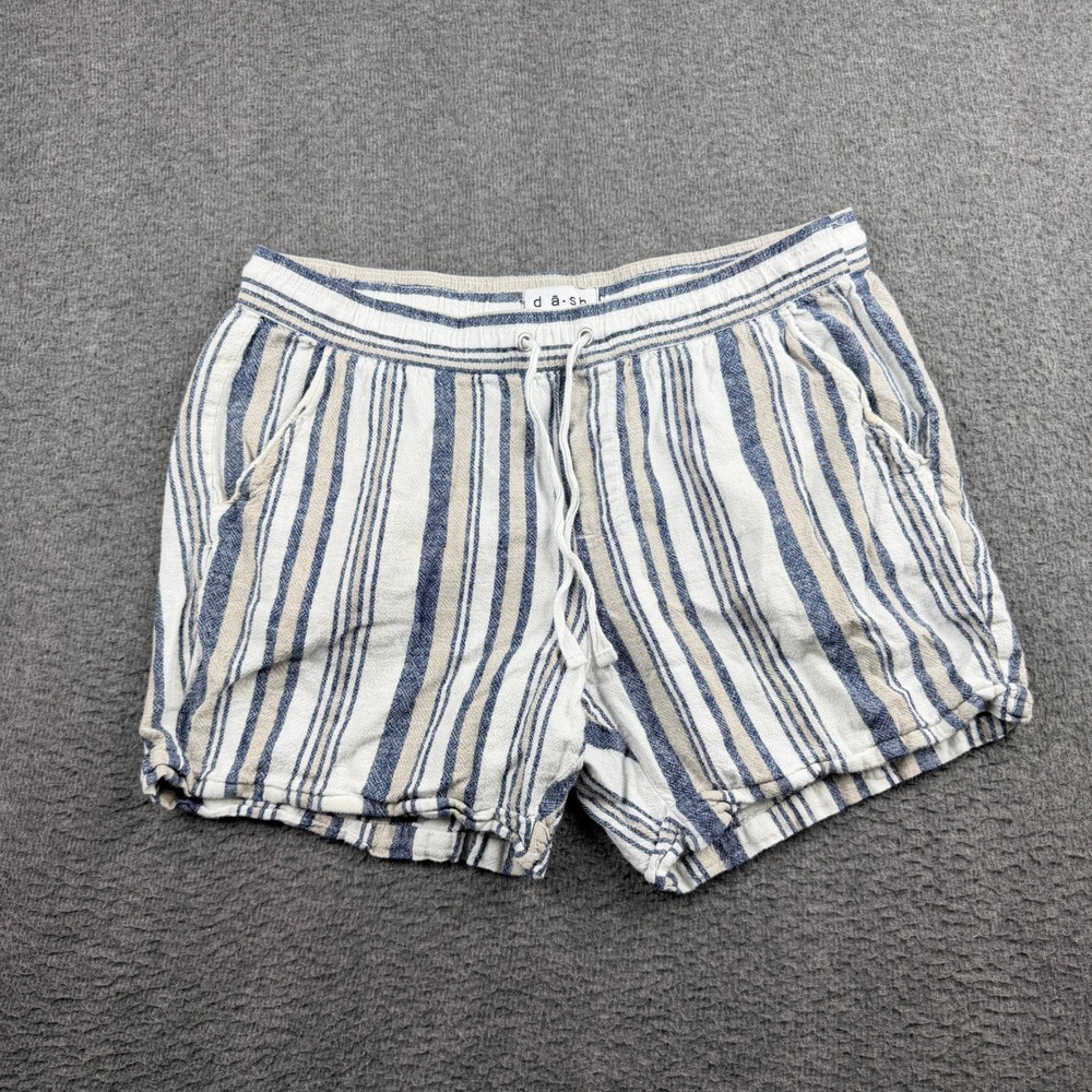 Dash Striped Linen Blend Shorts Women's M Blue Tan White Drawstring Casual